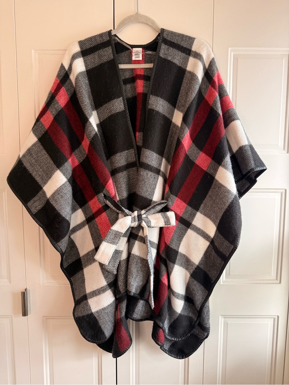 Plaid Wrap Cape with Tie - Black, Gray, White & Red